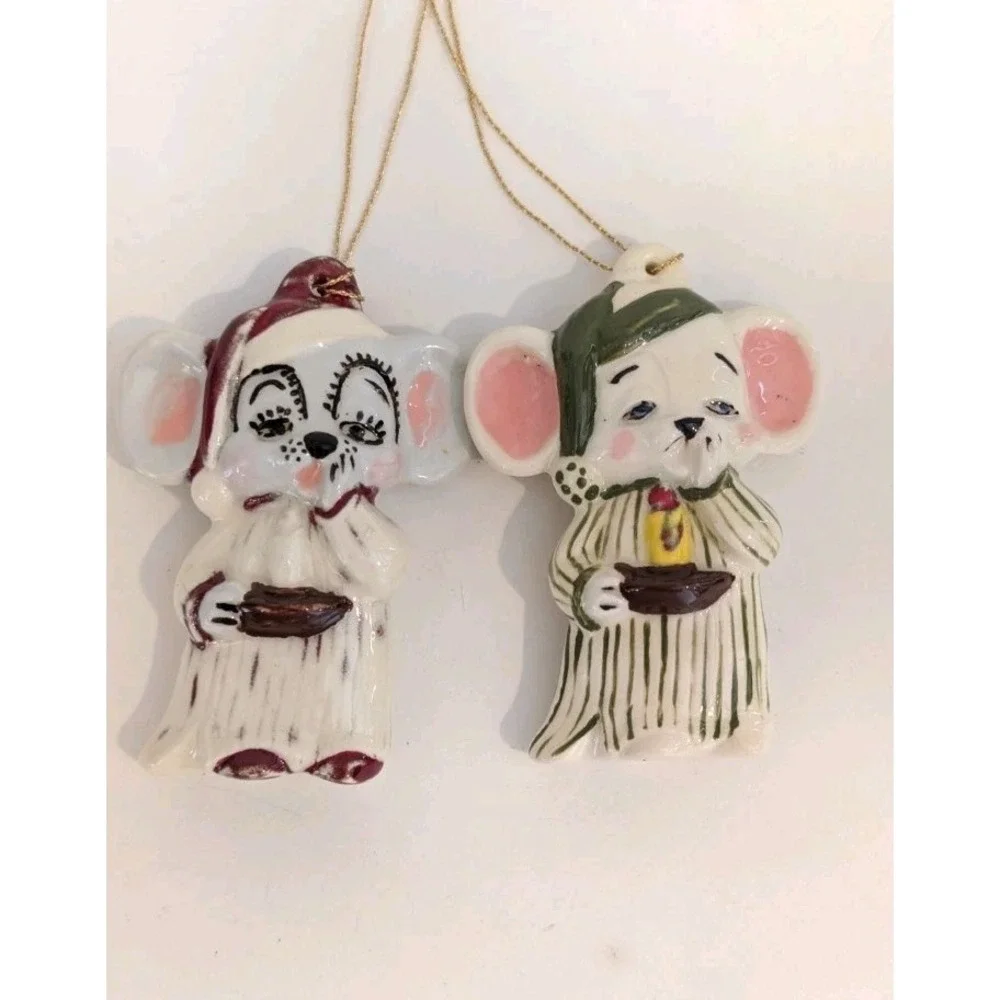 Mouse in Pajamas w Candle Hand Made Painted Ceramic Christmas Ornament Lot Of 2